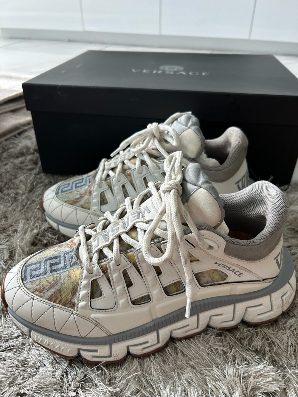 Versace White and Brown Medusa Print Leather Sneakers